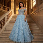 Luxury Blue A Line Feather Ball Gown Beaded Evening Dress LA73511
