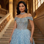 Luxury Blue A Line Feather Ball Gown Beaded Evening Dress LA73511