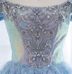 Luxury Blue A Line Feather Ball Gown Beaded Evening Dress LA73511