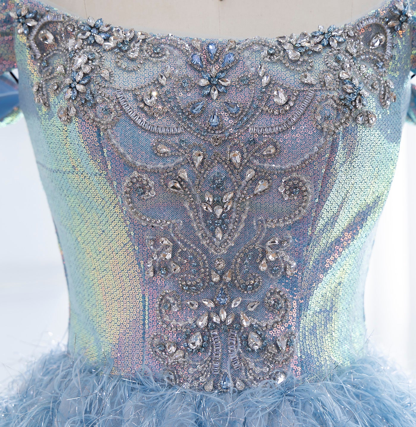 Luxury Blue A Line Feather Ball Gown Beaded Evening Dress LA73511