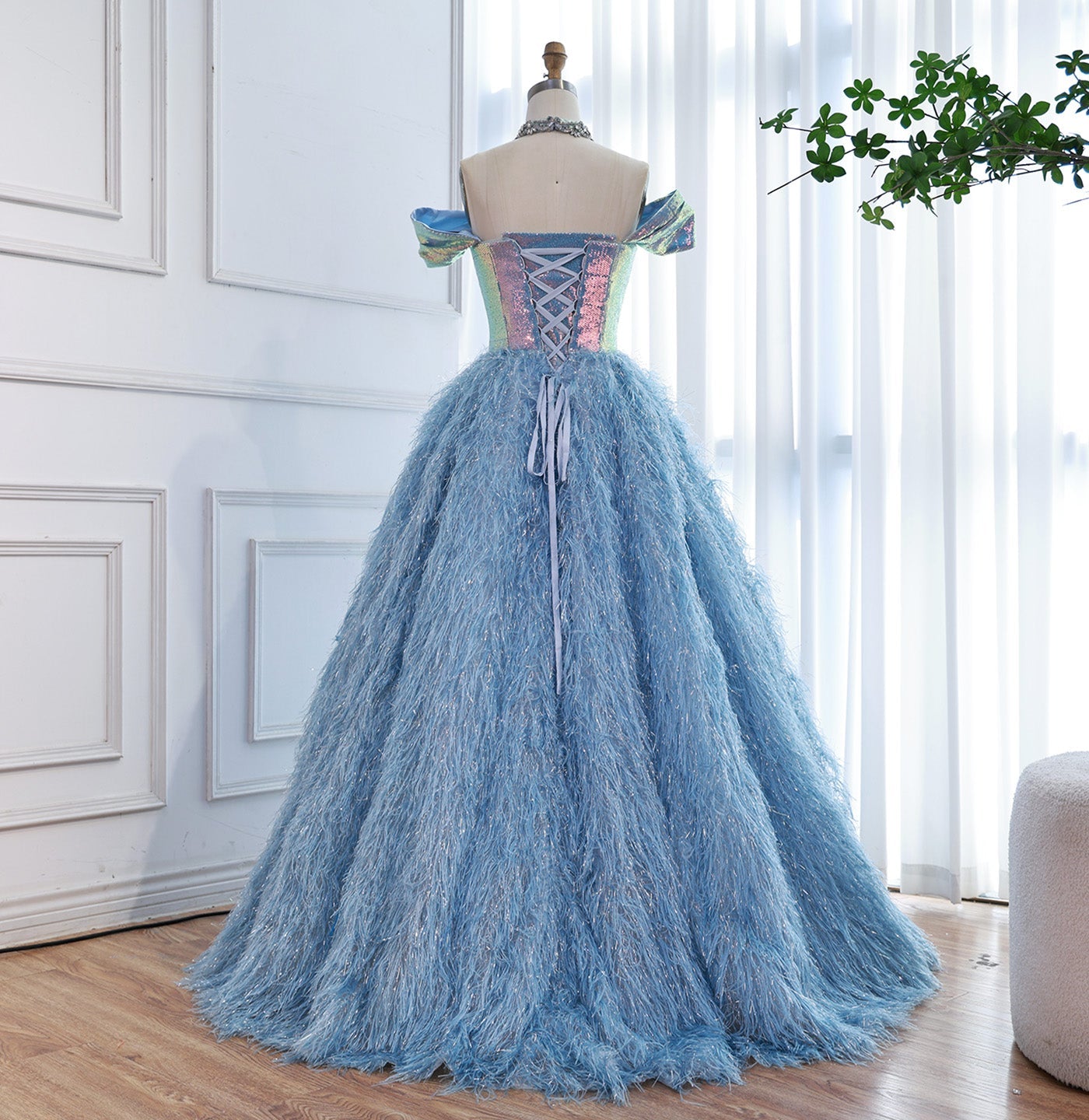 Luxury Blue A Line Feather Ball Gown Beaded Evening Dress LA73511