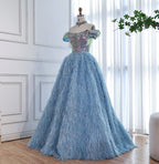 Luxury Blue A Line Feather Ball Gown Beaded Evening Dress LA73511
