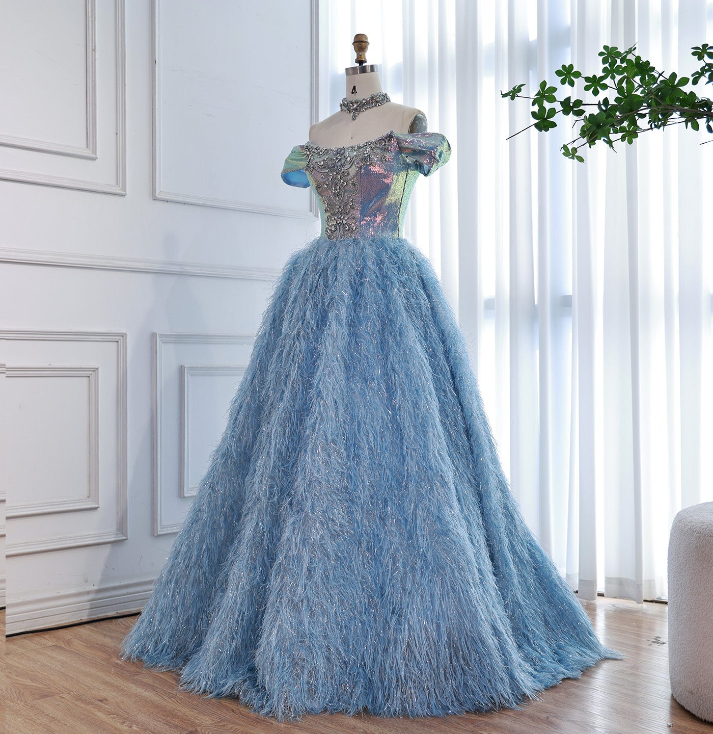 Luxury Blue A Line Feather Ball Gown Beaded Evening Dress LA73511