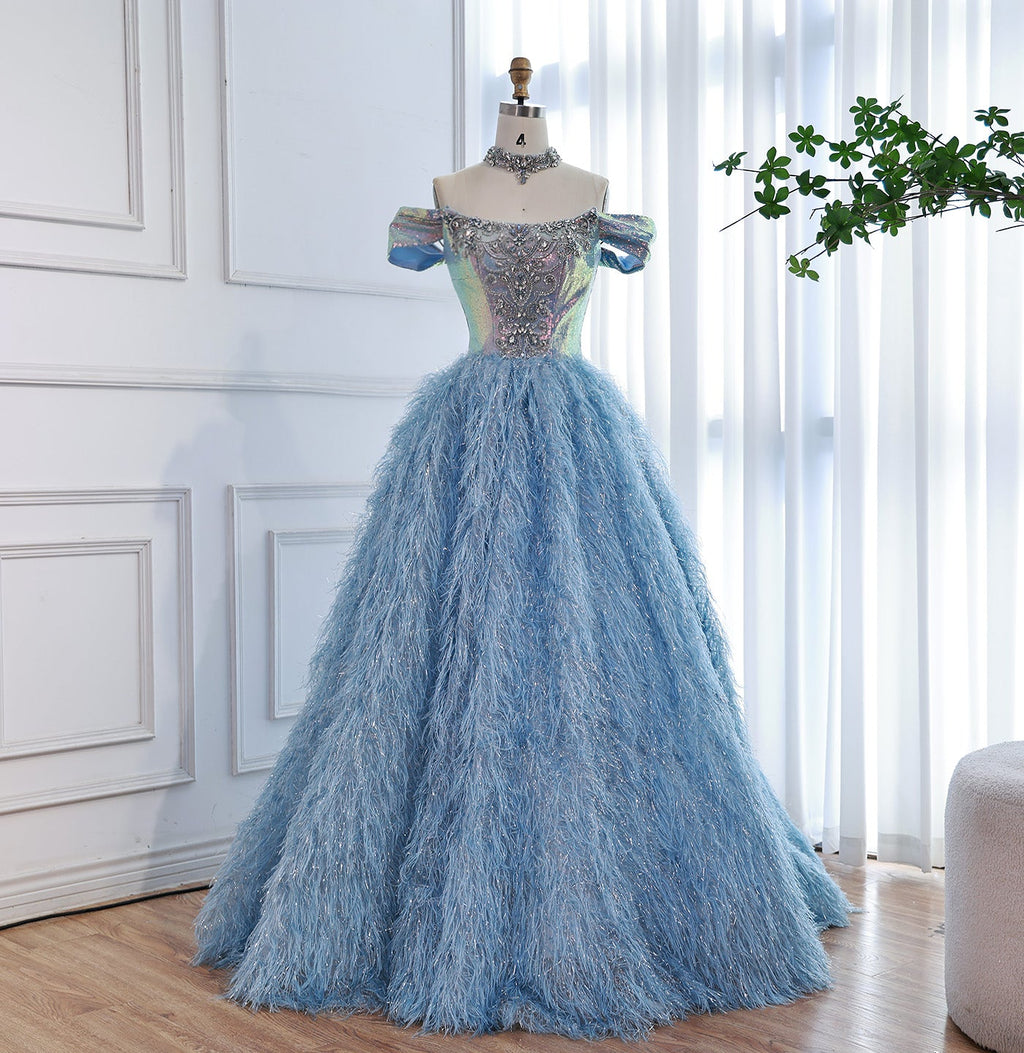 Luxury Blue A Line Feather Ball Gown Beaded Evening Dress LA73511