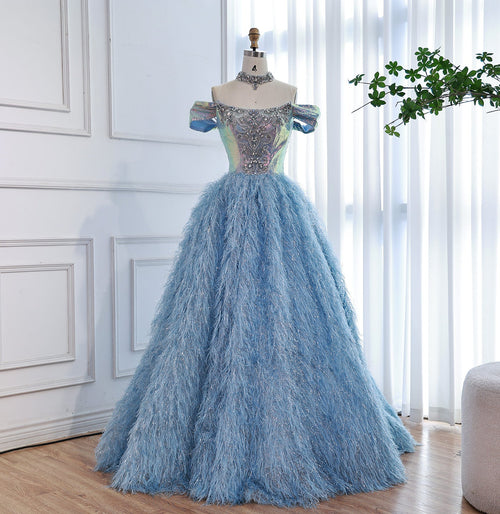 Luxury Blue A Line Feather Ball Gown Beaded Evening Dress LA73511