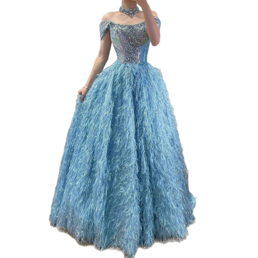 Luxury Blue A Line Feather Ball Gown Beaded Evening Dress LA73511