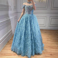 Luxury Blue A Line Feather Ball Gown Beaded Evening Dress LA73511