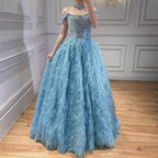 Luxury Blue A Line Feather Ball Gown Beaded Evening Dress LA73511