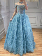 Luxury Blue A Line Feather Ball Gown Beaded Evening Dress LA73511
