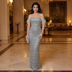 Luxury Gray Tassel Beaded Off‑Shoulder Mermaid Evening Dress CLA73512