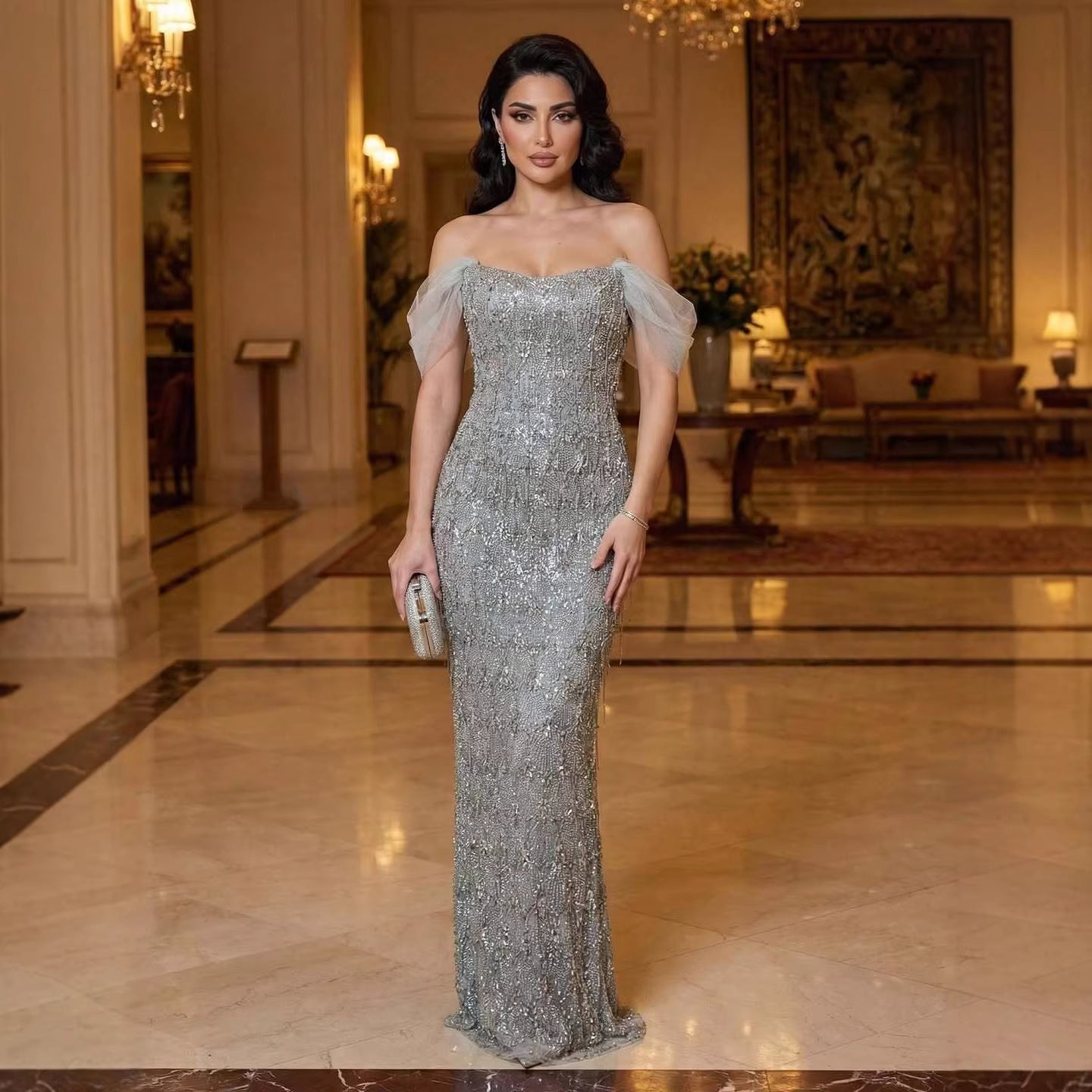 Luxury Gray Tassel Beaded Off‑Shoulder Mermaid Evening Dress CLA73512