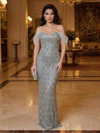 Luxury Gray Tassel Beaded Off‑Shoulder Mermaid Evening Dress CLA73512