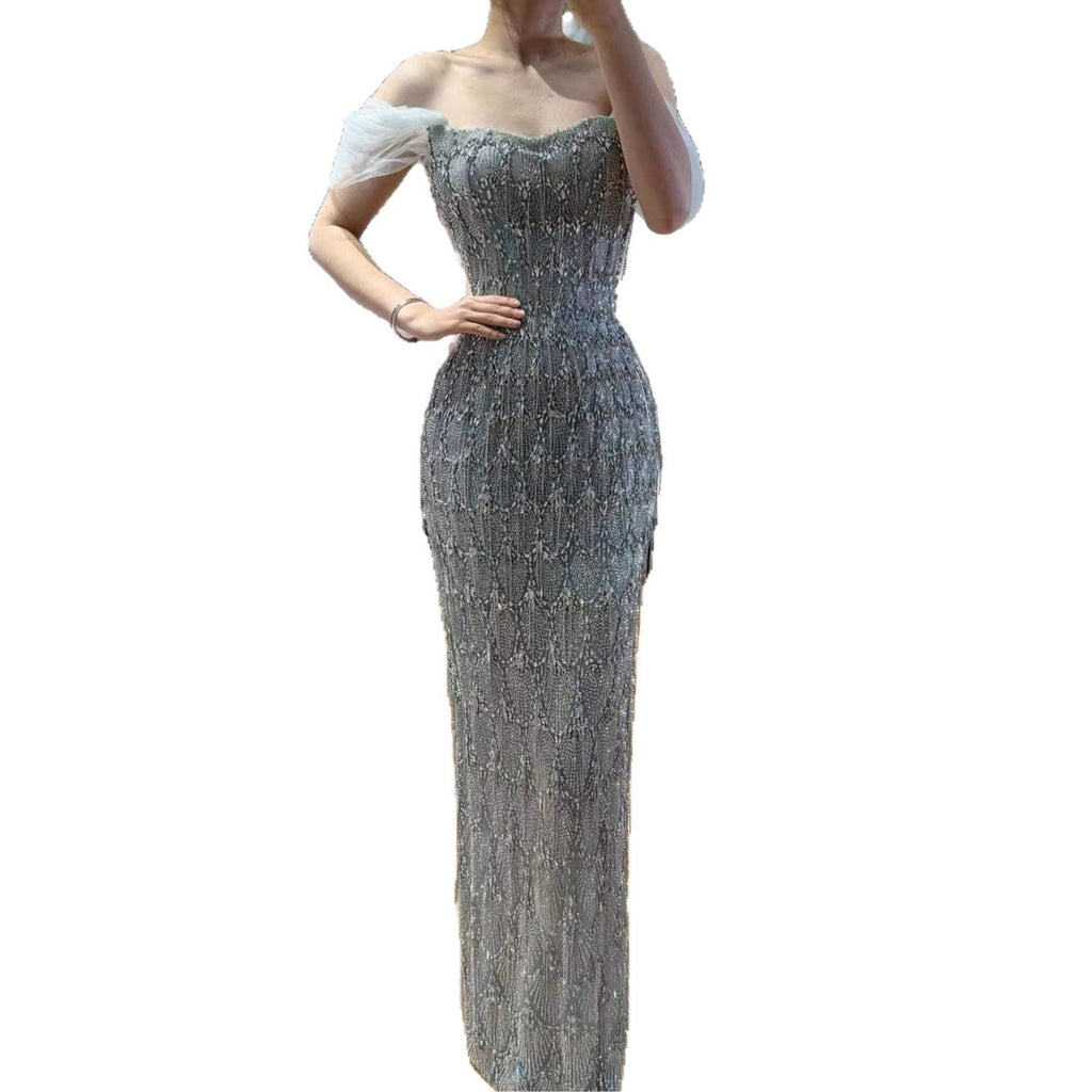 Luxury Gray Tassel Beaded Off‑Shoulder Mermaid Evening Dress CLA73512