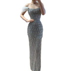 Luxury Gray Tassel Beaded Off‑Shoulder Mermaid Evening Dress CLA73512