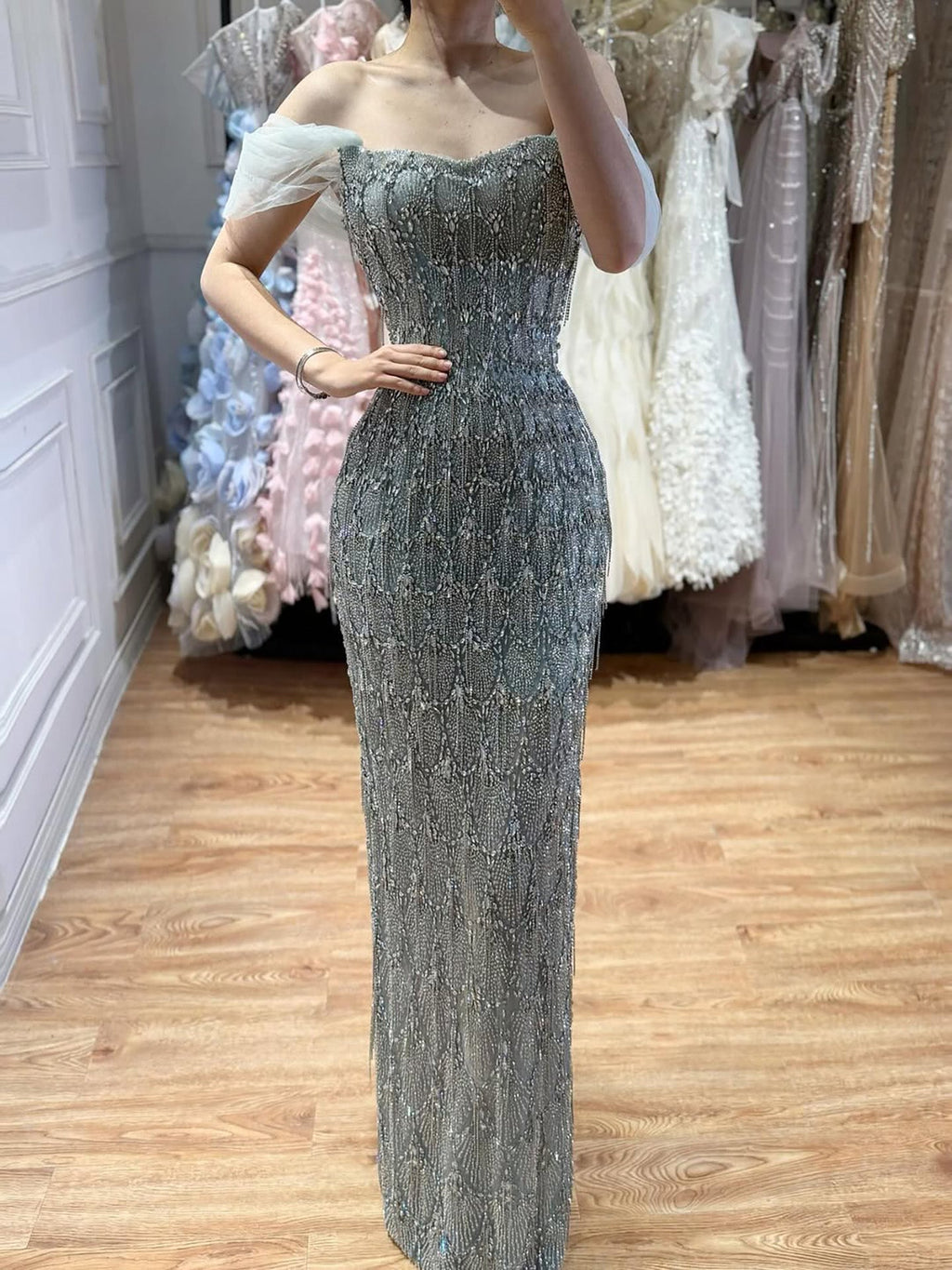 Luxury Gray Tassel Beaded Off‑Shoulder Mermaid Evening Dress CLA73512