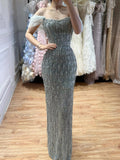 Luxury Gray Tassel Beaded Off‑Shoulder Mermaid Evening Dress CLA73512