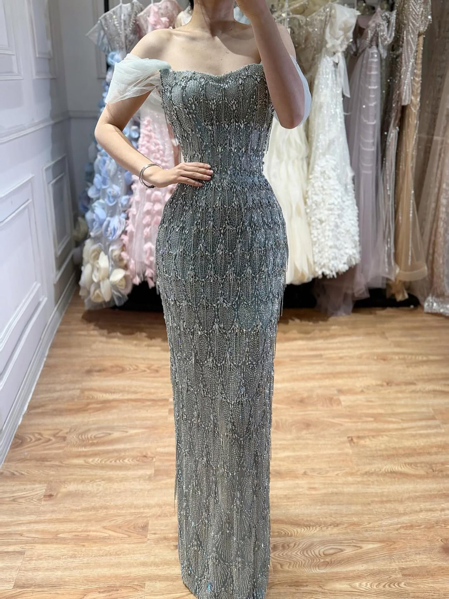 Luxury Gray Tassel Beaded Off‑Shoulder Mermaid Evening Dress CLA73512