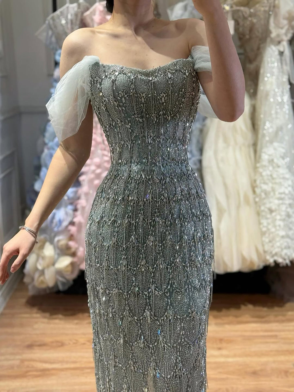 Luxury Gray Tassel Beaded Off‑Shoulder Mermaid Evening Dress CLA73512