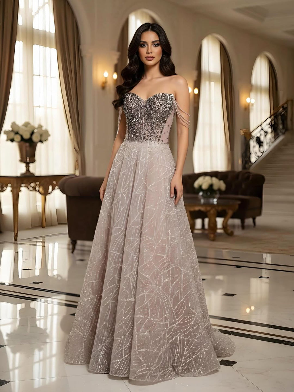 Luxury Pink Off Shoulder Sparkly Beaded Ball Gown Evening Dress CLA73513