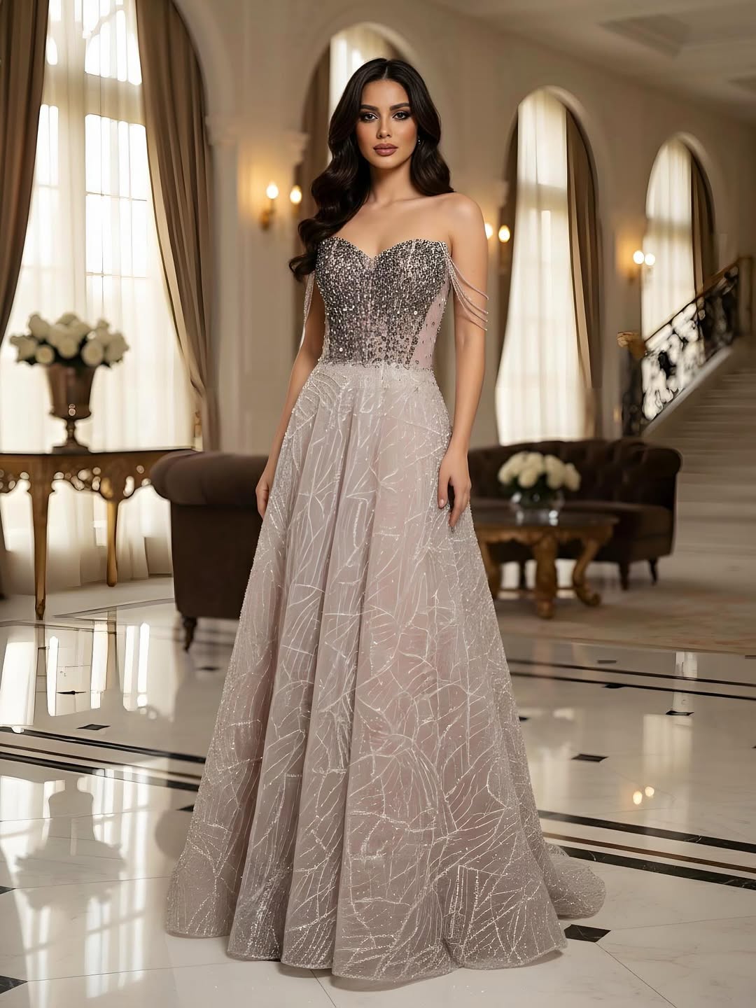 Luxury Pink Off Shoulder Sparkly Beaded Ball Gown Evening Dress CLA73513