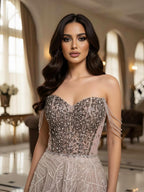 Luxury Pink Off Shoulder Sparkly Beaded Ball Gown Evening Dress CLA73513