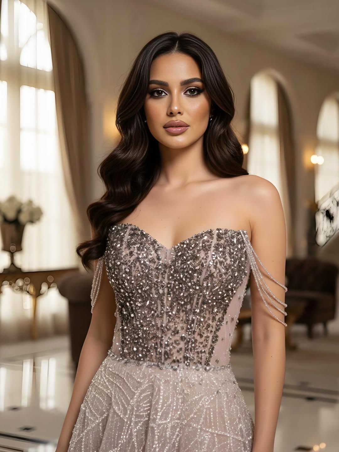 Luxury Pink Off Shoulder Sparkly Beaded Ball Gown Evening Dress CLA73513