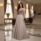 Luxury Pink Off Shoulder Sparkly Beaded Ball Gown Evening Dress CLA73513
