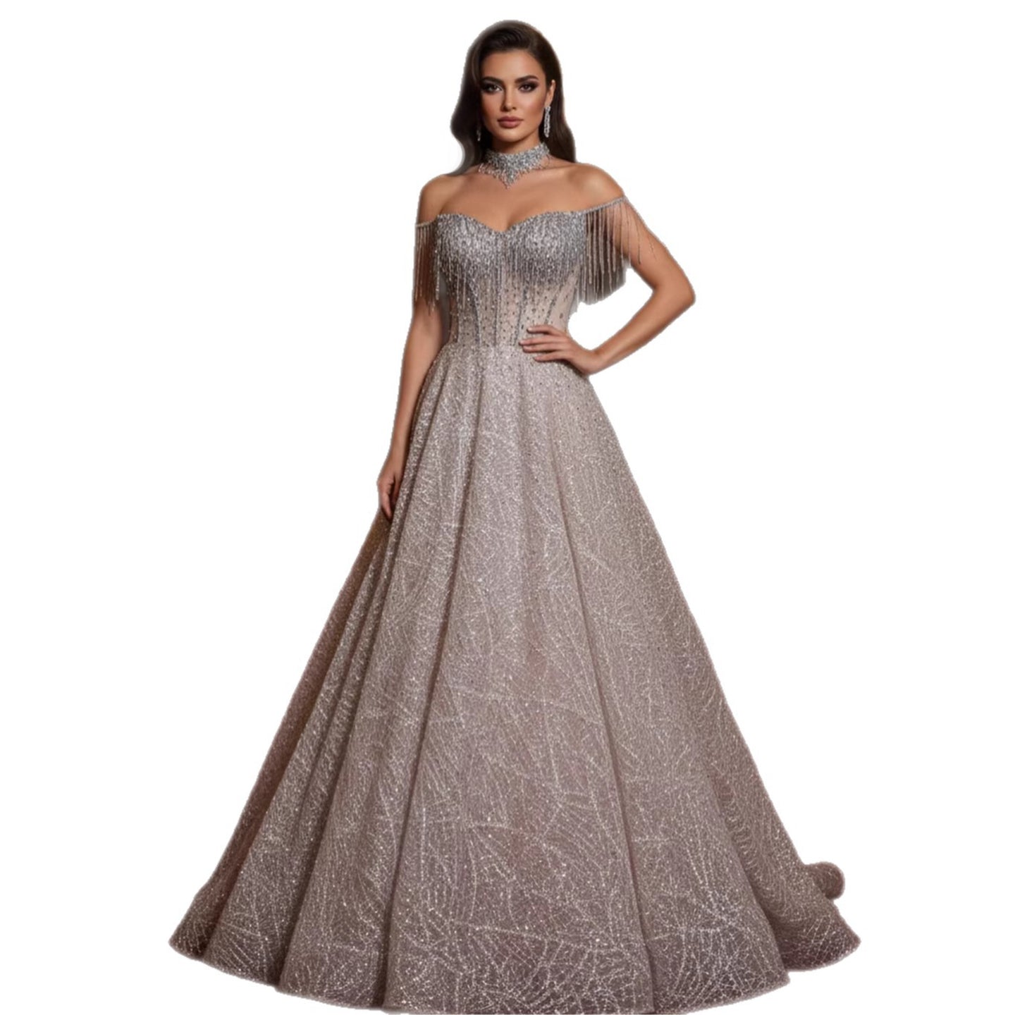 Luxury Pink Off Shoulder Sparkly Beaded Ball Gown Evening Dress LA73513