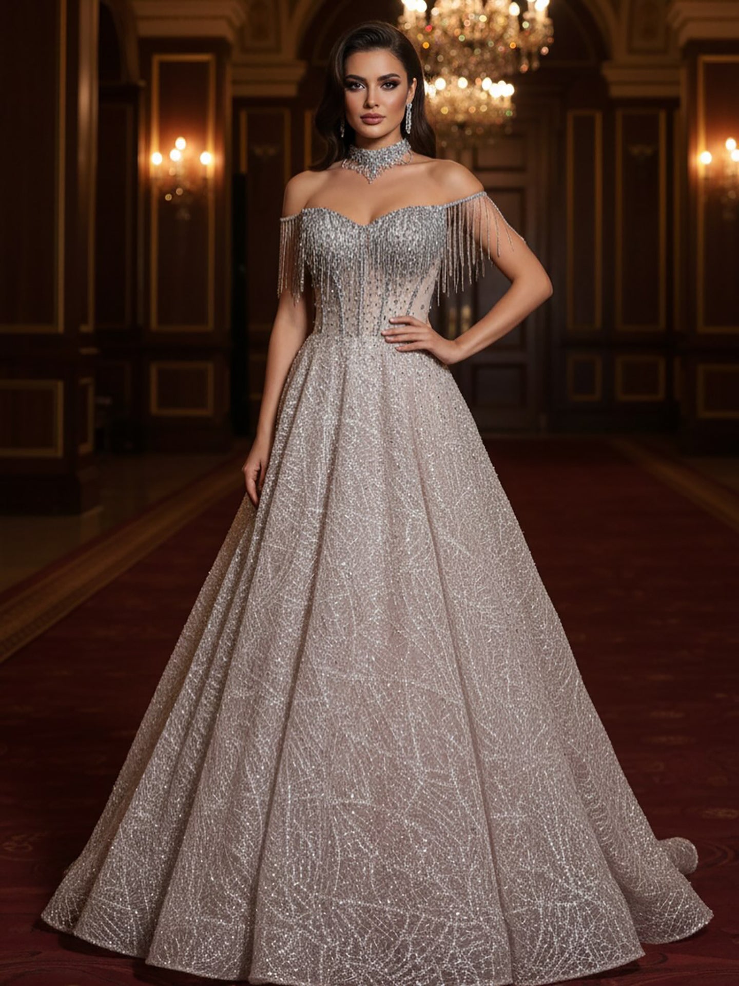 Luxury Pink Off Shoulder Sparkly Beaded Ball Gown Evening Dress LA73513