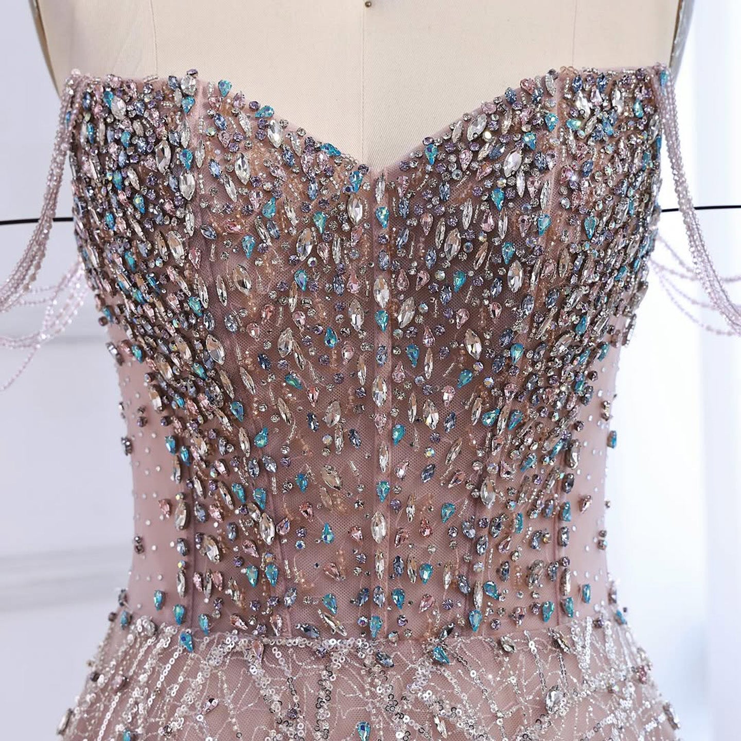 Luxury Pink Off Shoulder Sparkly Beaded Ball Gown Evening Dress CLA73513