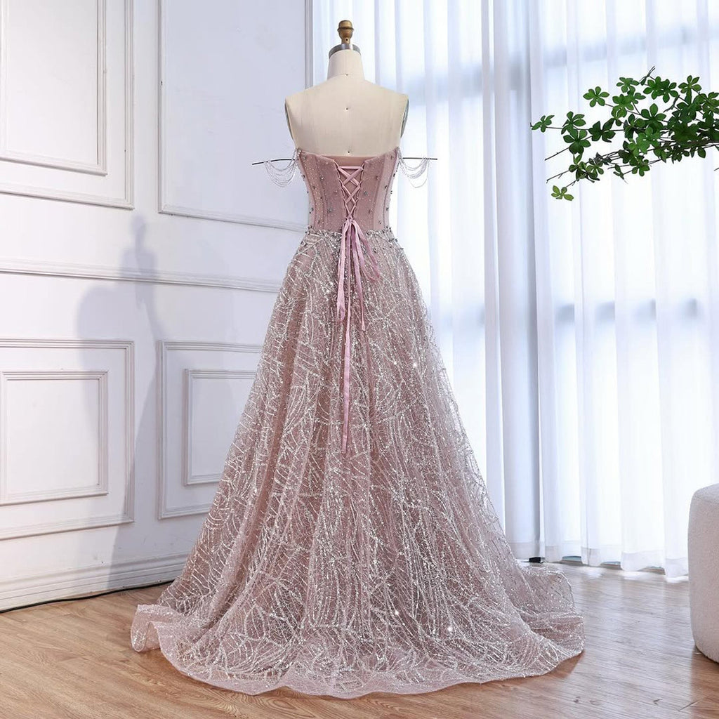 Luxury Pink Off Shoulder Sparkly Beaded Ball Gown Evening Dress CLA73513