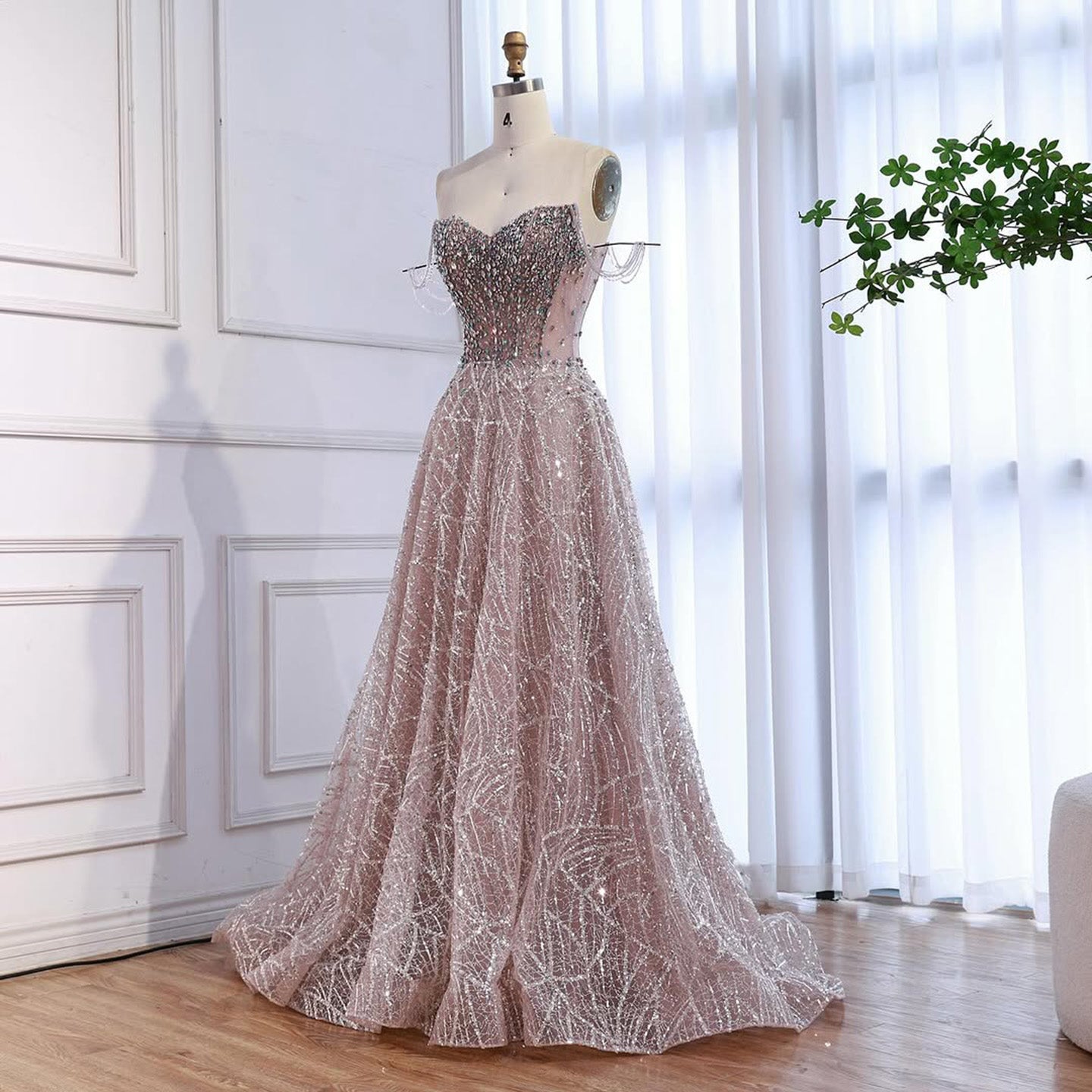 Luxury Pink Off Shoulder Sparkly Beaded Ball Gown Evening Dress CLA73513