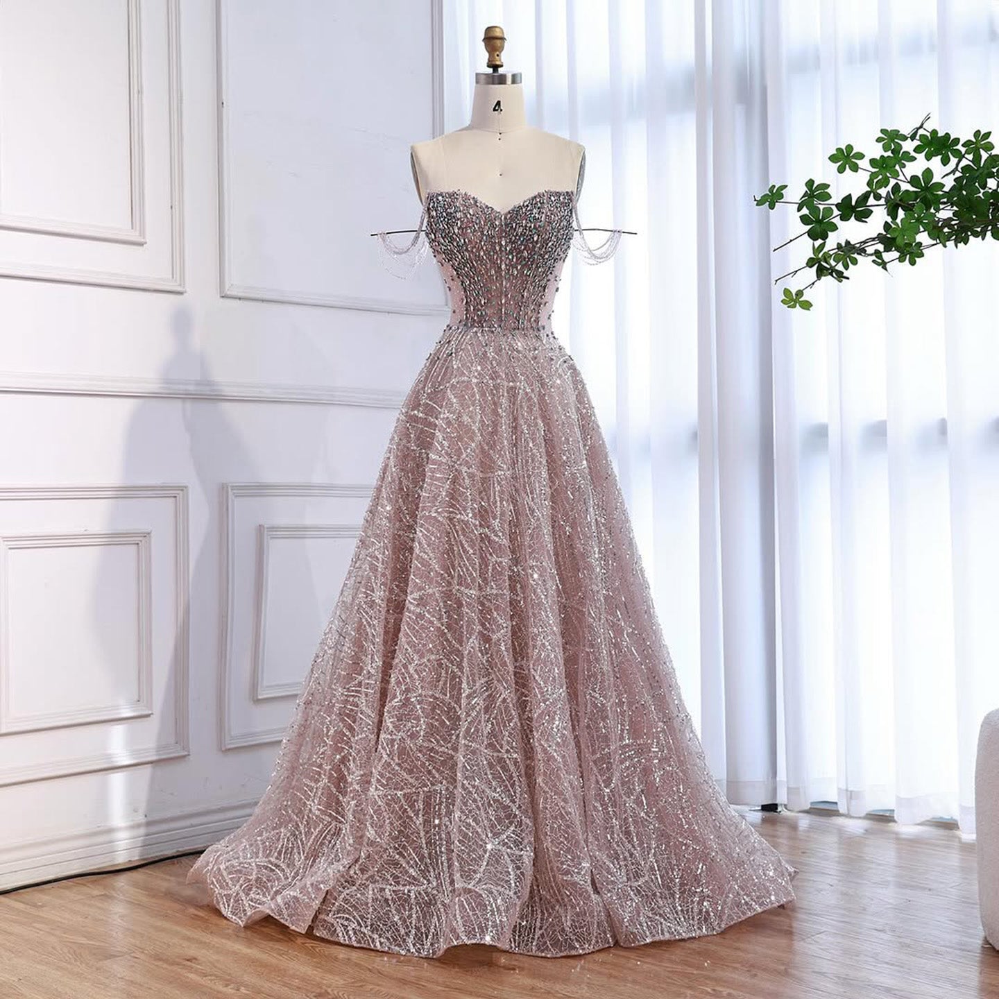 Luxury Pink Off Shoulder Sparkly Beaded Ball Gown Evening Dress CLA73513
