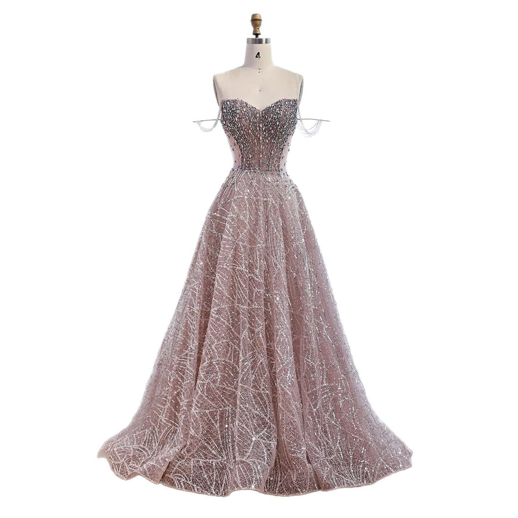 Luxury Pink Off Shoulder Sparkly Beaded Ball Gown Evening Dress CLA73513