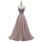 Luxury Pink Off Shoulder Sparkly Beaded Ball Gown Evening Dress CLA73513