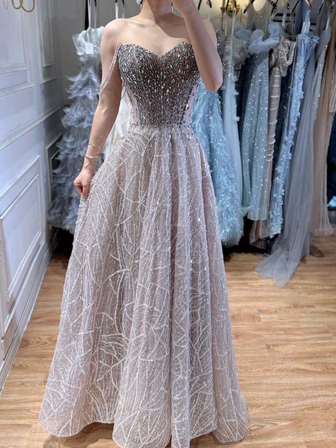 Luxury Pink Off Shoulder Sparkly Beaded Ball Gown Evening Dress CLA73513