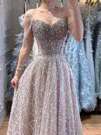 Luxury Pink Off Shoulder Sparkly Beaded Ball Gown Evening Dress CLA73513