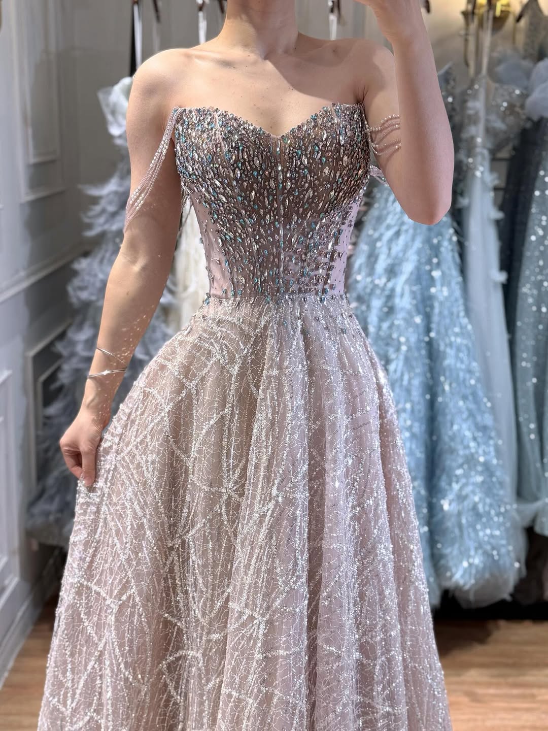 Luxury Pink Off Shoulder Sparkly Beaded Ball Gown Evening Dress CLA73513