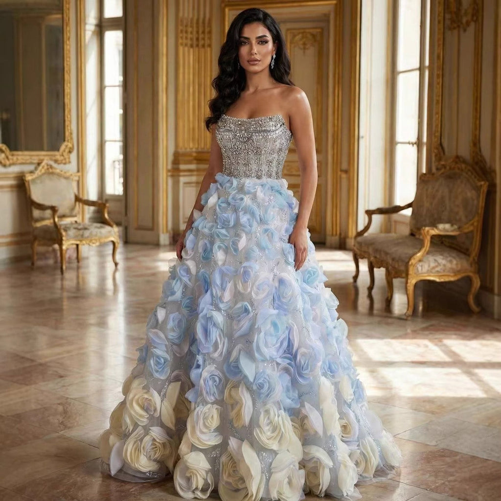 Luxury Blue Crystal Beaded 3D Floral Ball Gown Evening Dress CLA73514