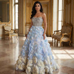 Luxury Blue Crystal Beaded 3D Floral Ball Gown Evening Dress CLA73514