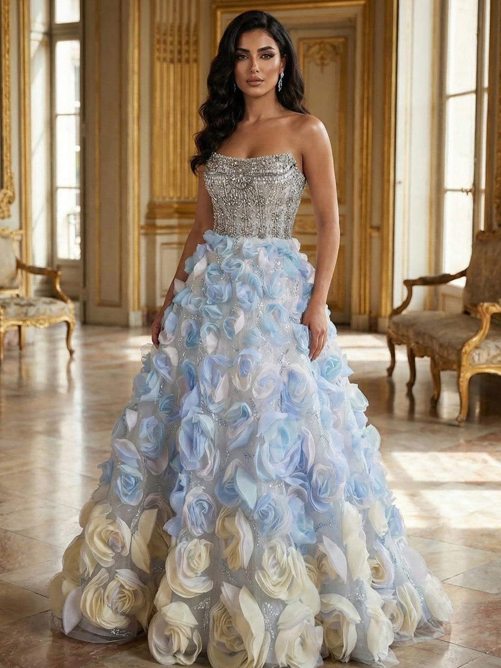 Luxury Blue Crystal Beaded 3D Floral Ball Gown Evening Dress CLA73514
