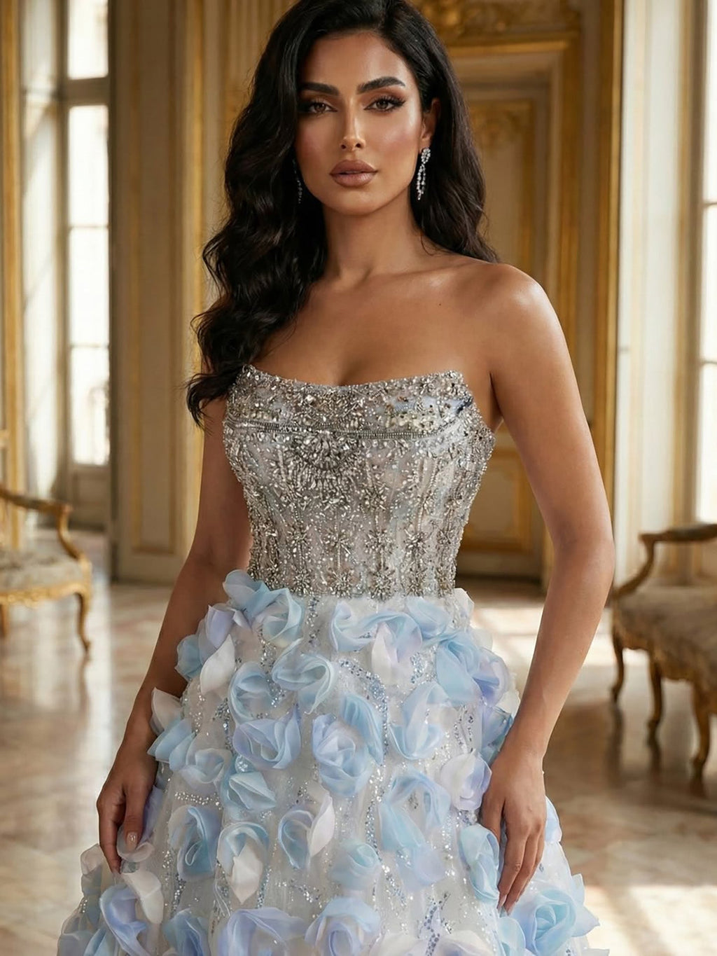 Luxury Blue Crystal Beaded 3D Floral Ball Gown Evening Dress CLA73514
