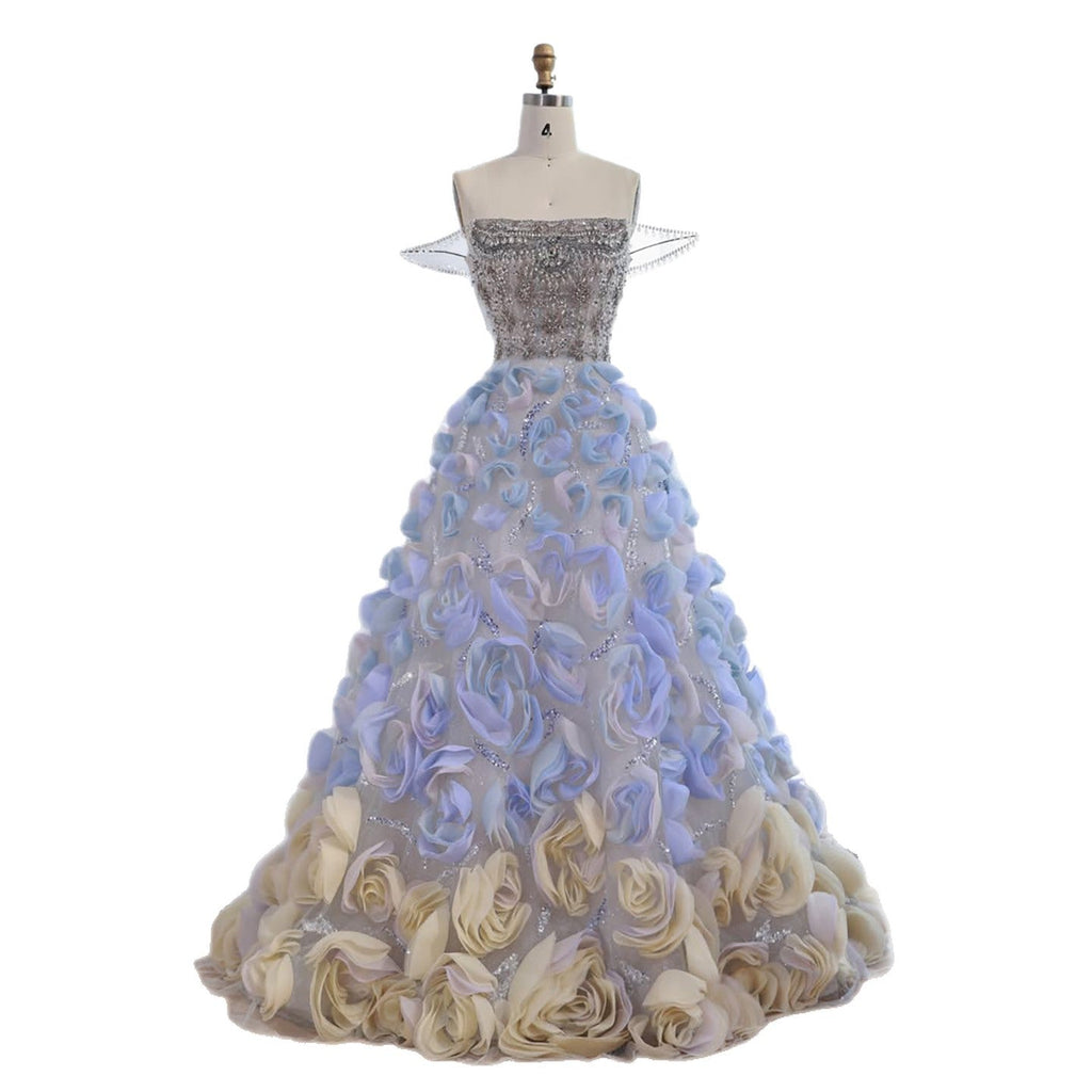 Luxury Blue Crystal Beaded 3D Floral Ball Gown Evening Dress CLA73514