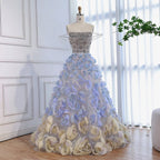 Luxury Blue Crystal Beaded 3D Floral Ball Gown Evening Dress CLA73514