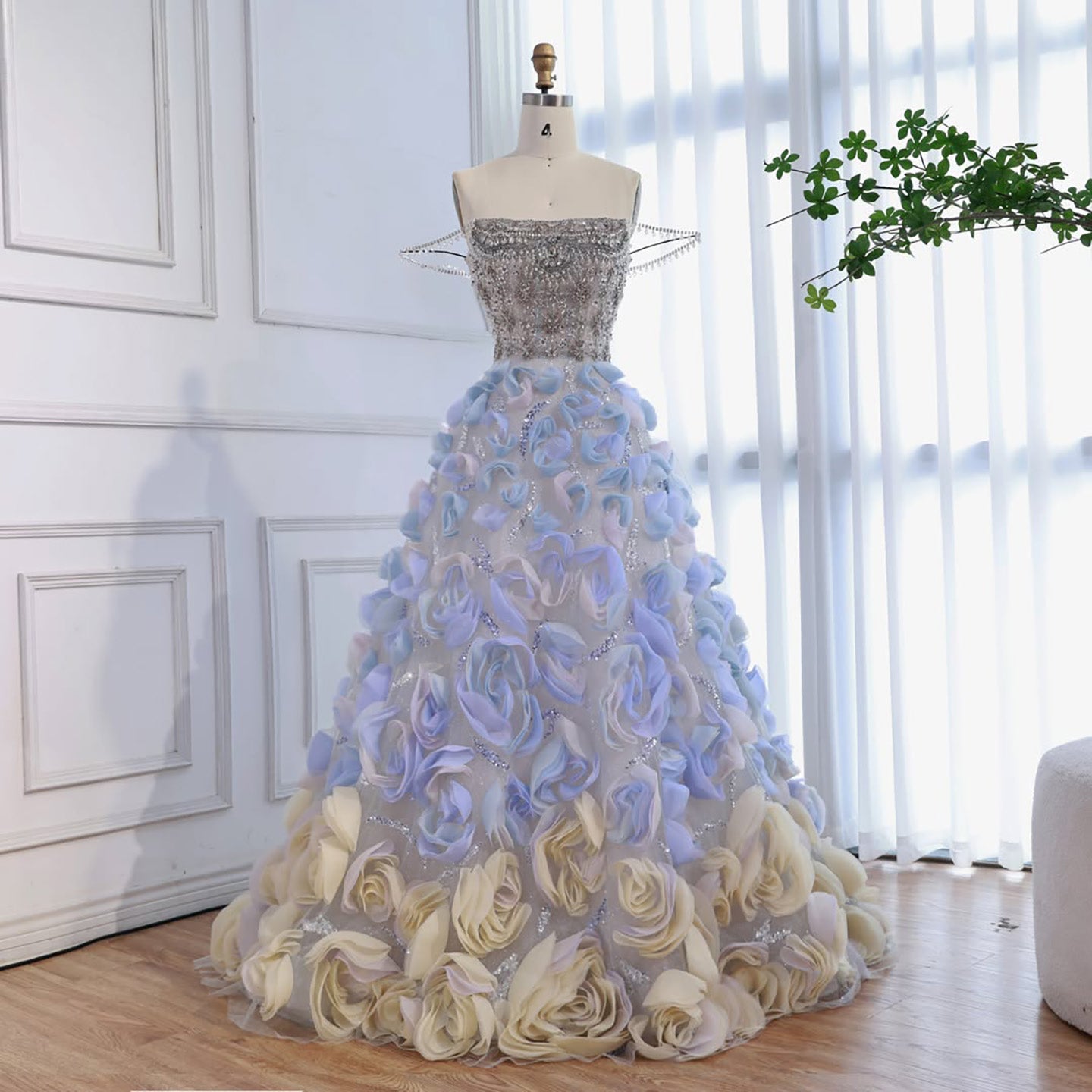 Luxury Blue Crystal Beaded 3D Floral Ball Gown Evening Dress CLA73514