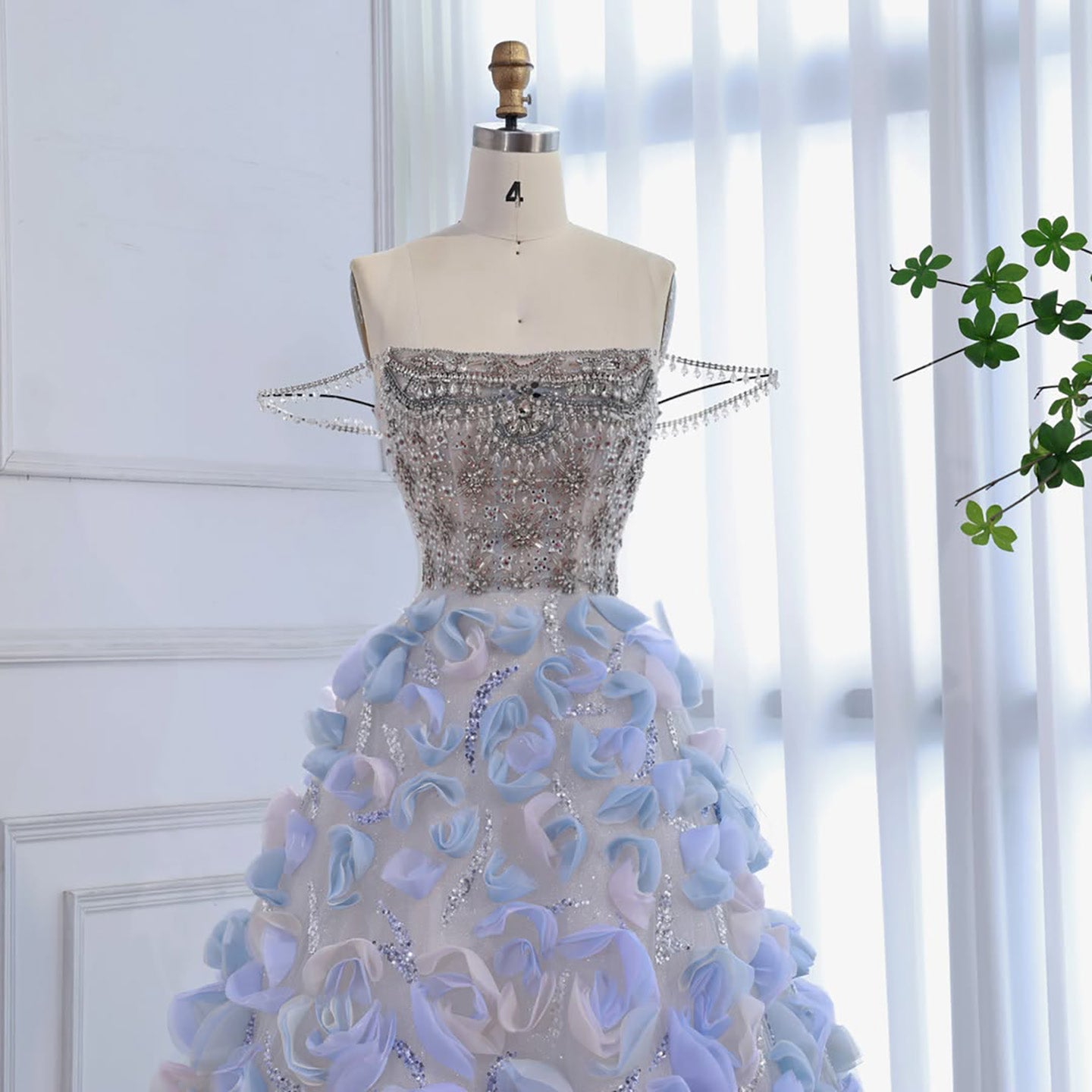 Luxury Blue Crystal Beaded 3D Floral Ball Gown Evening Dress CLA73514