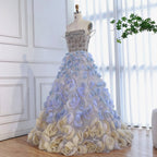Luxury Blue Crystal Beaded 3D Floral Ball Gown Evening Dress CLA73514