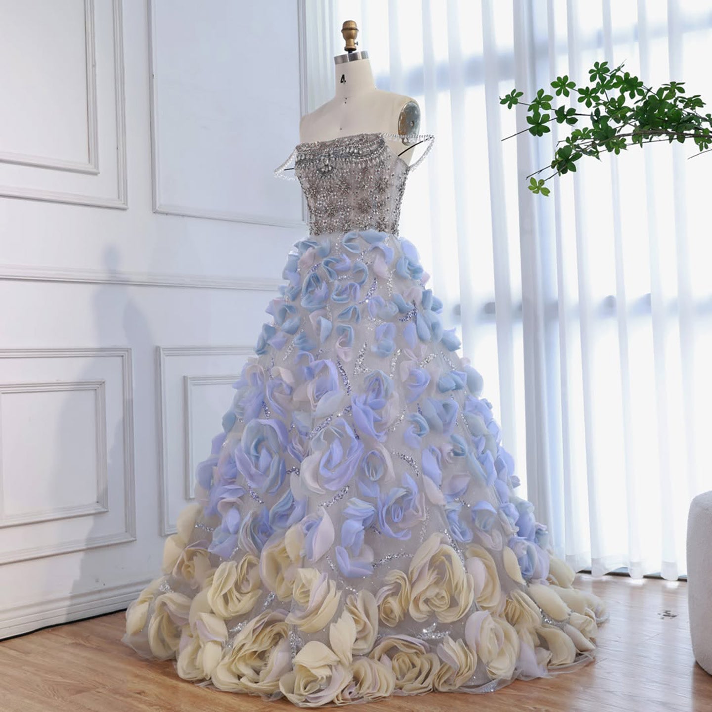 Luxury Blue Crystal Beaded 3D Floral Ball Gown Evening Dress CLA73514