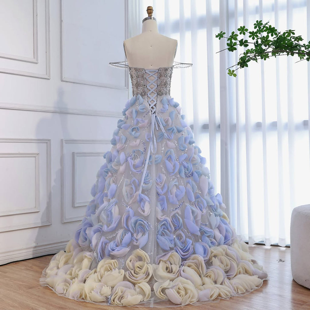Luxury Blue Crystal Beaded 3D Floral Ball Gown Evening Dress CLA73514