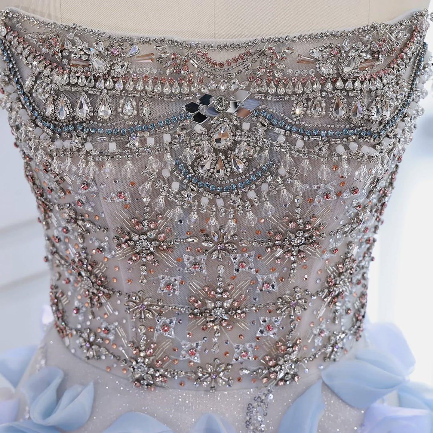 Luxury Blue Crystal Beaded 3D Floral Ball Gown Evening Dress CLA73514